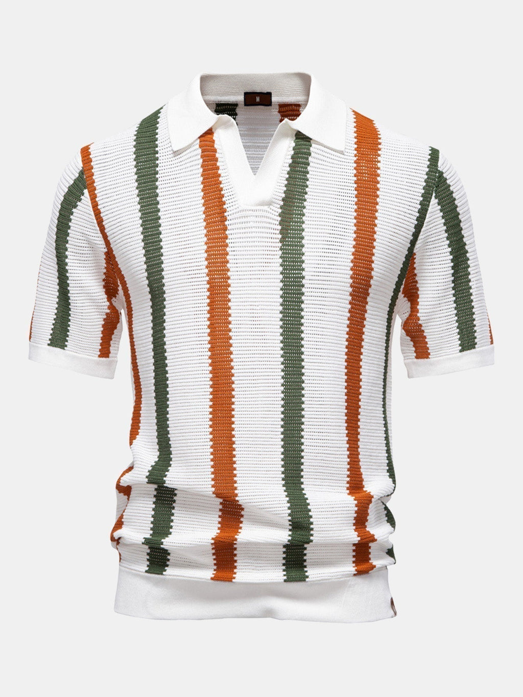 Men's Contrast Stripe V-Neck Knit Polo Shirt photographed for Eaton Row Co.