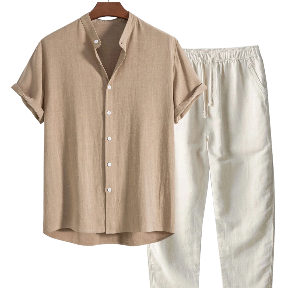 Leo Men's Santorini Linen Summer Set photographed for Eaton Row Co.