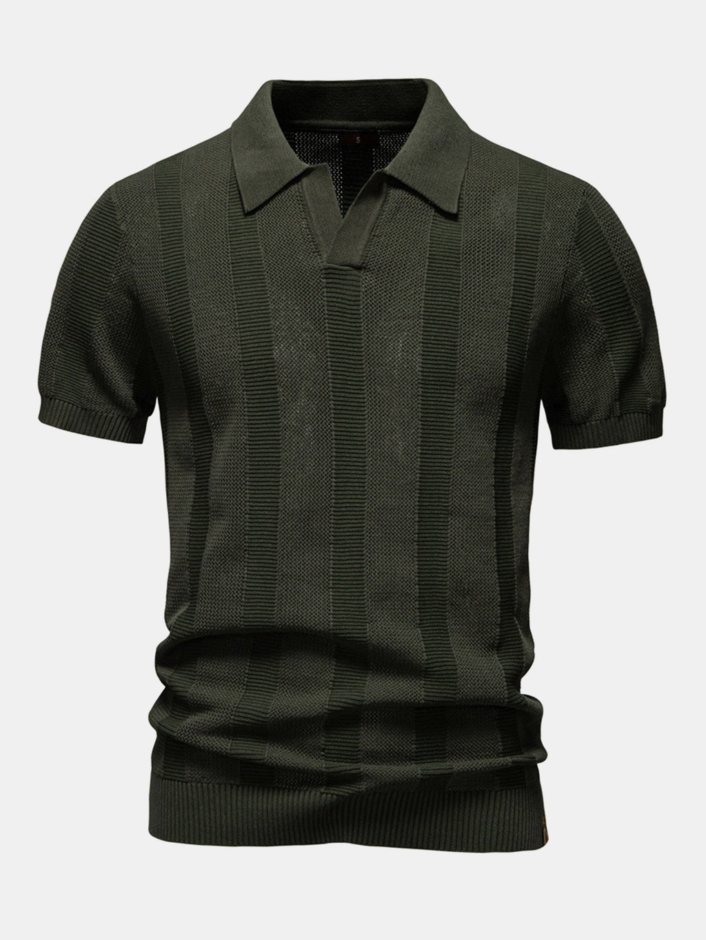 Men's Striped Hollow Knit V-Neck Polo Shirt photographed for Eaton Row Co.