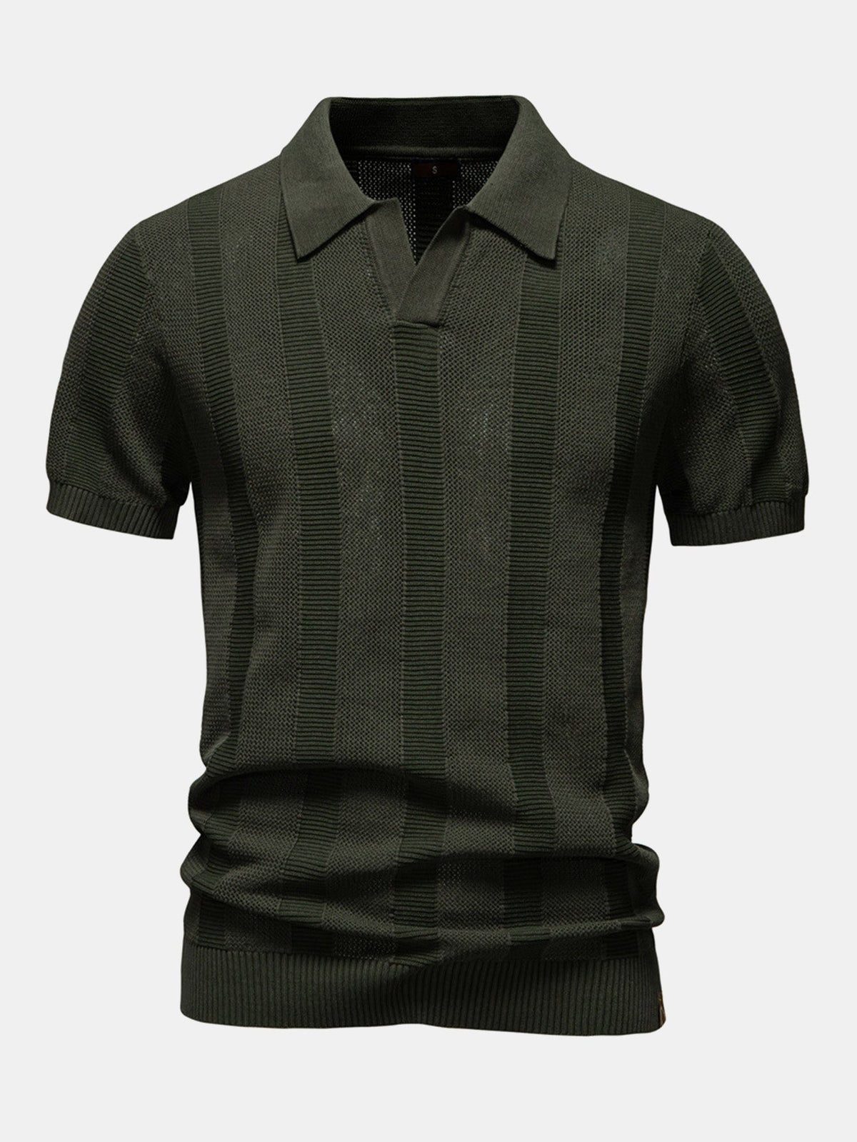 Men's Striped Hollow Knit V-Neck Polo Shirt photographed for Eaton Row Co.