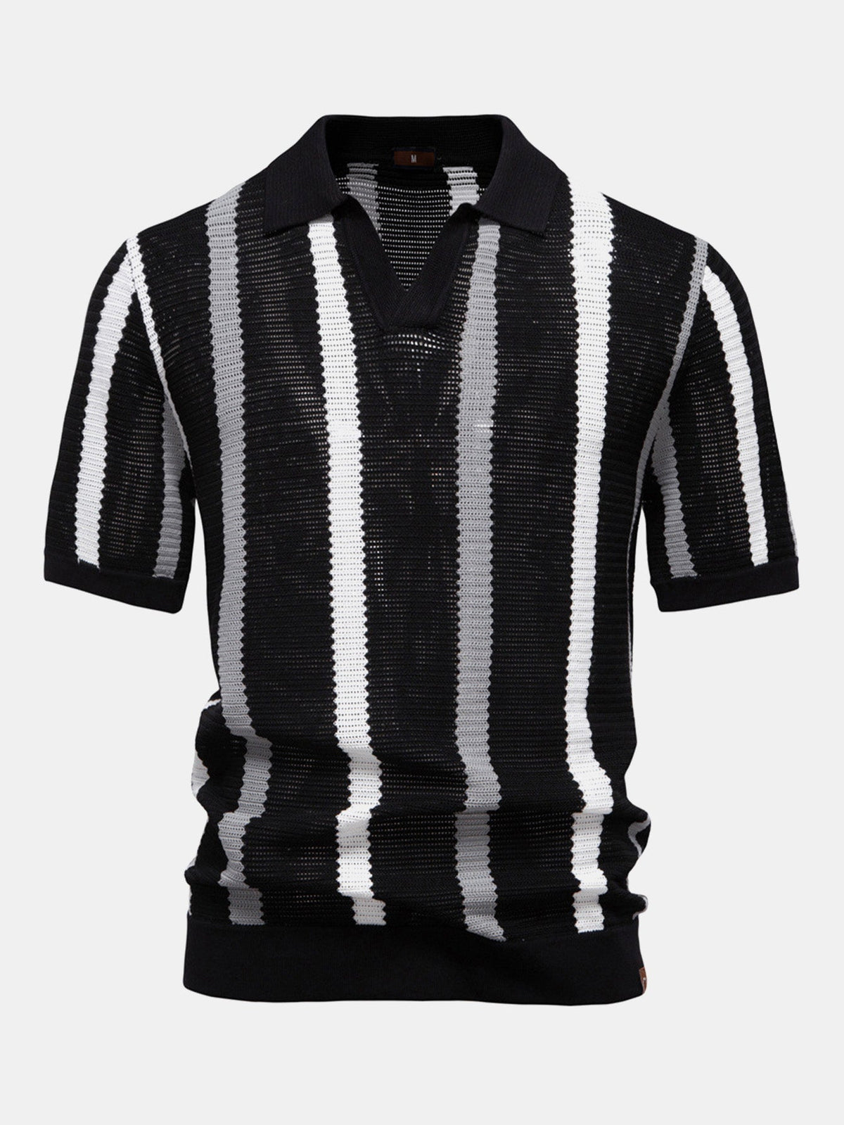Men's Contrast Stripe V-Neck Knit Polo Shirt, alternate angle 6