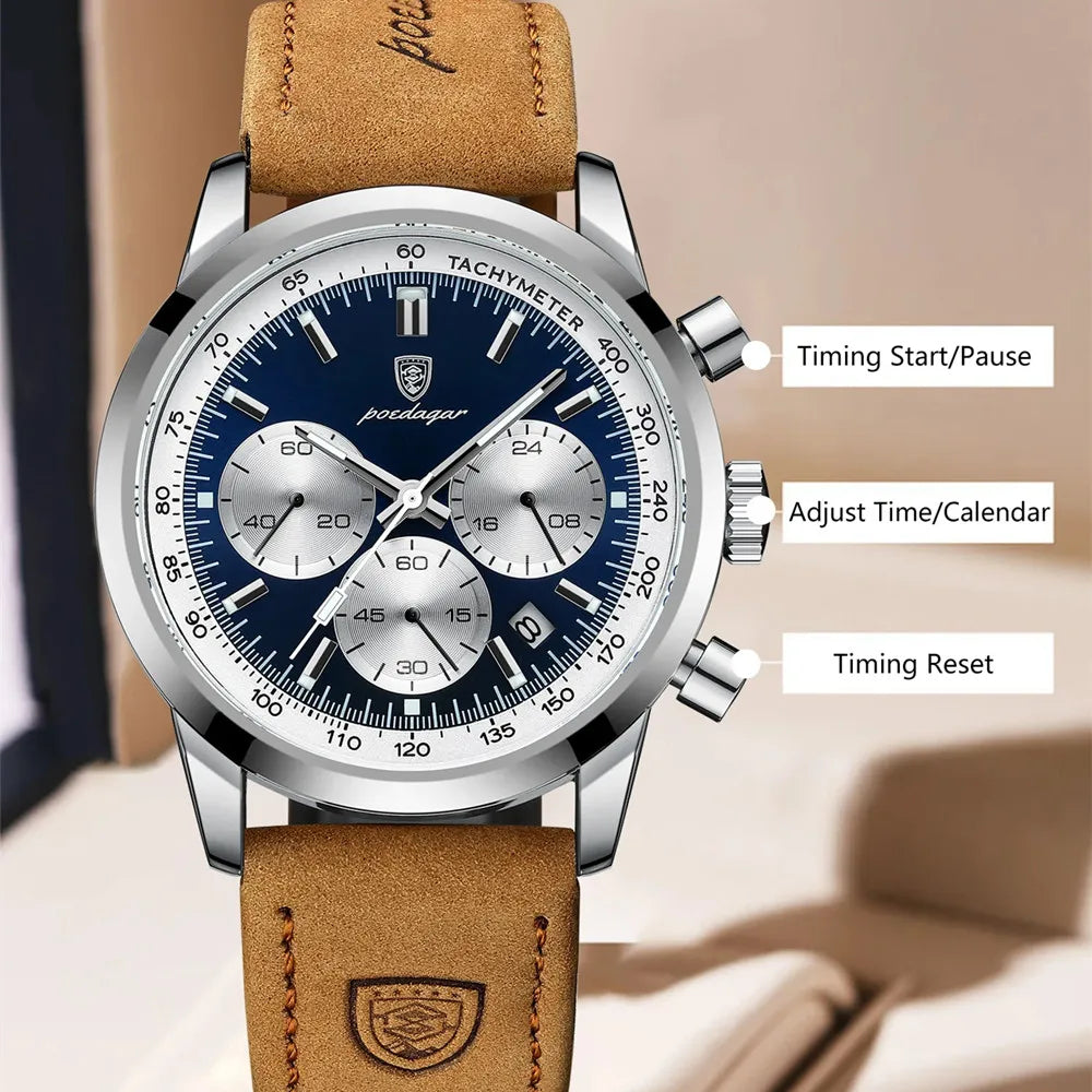 Men's Luxury Leather Strap Chronograph Watch, alternate angle 2