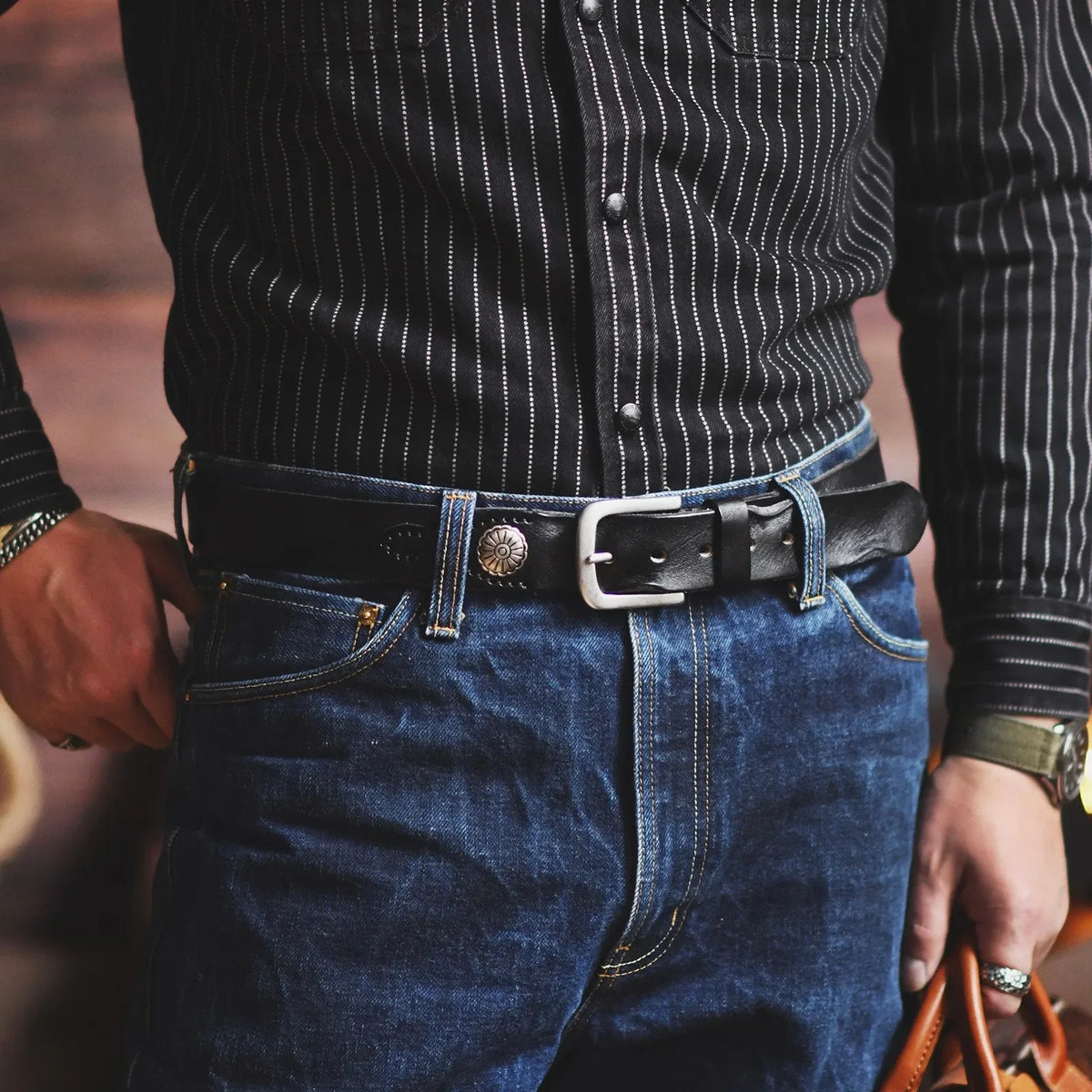 Men's Handcrafted Leather Western Belt, alternate angle 5