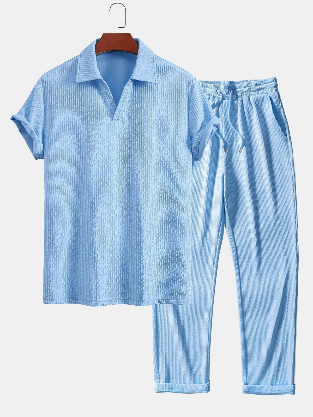 Men's Textured V-Neck Polo & Trousers Set, alternate angle 2