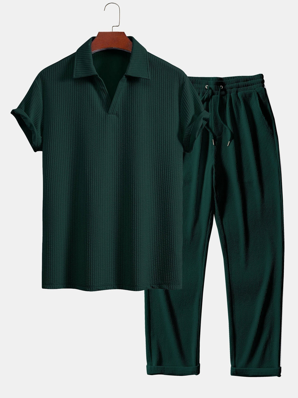 Men's Textured V-Neck Polo & Trousers Set, alternate angle 4