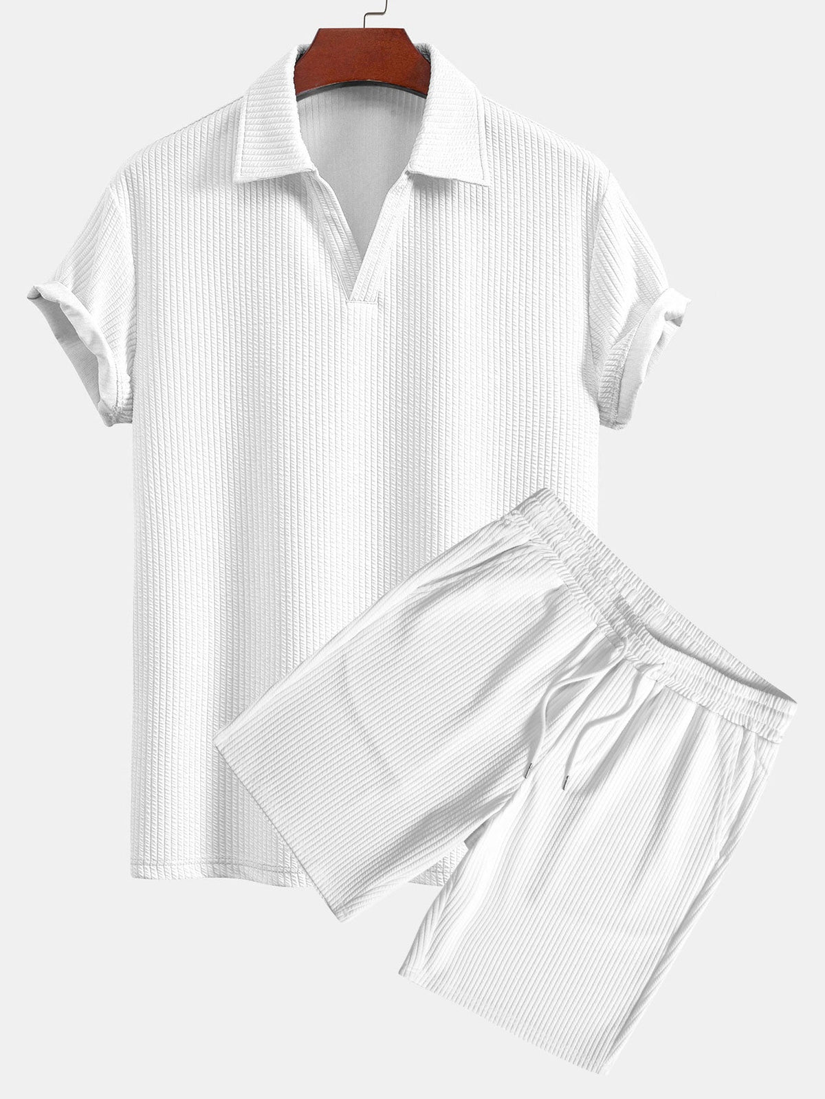Men's Textured V-Neck Polo & Shorts Set, alternate angle 4