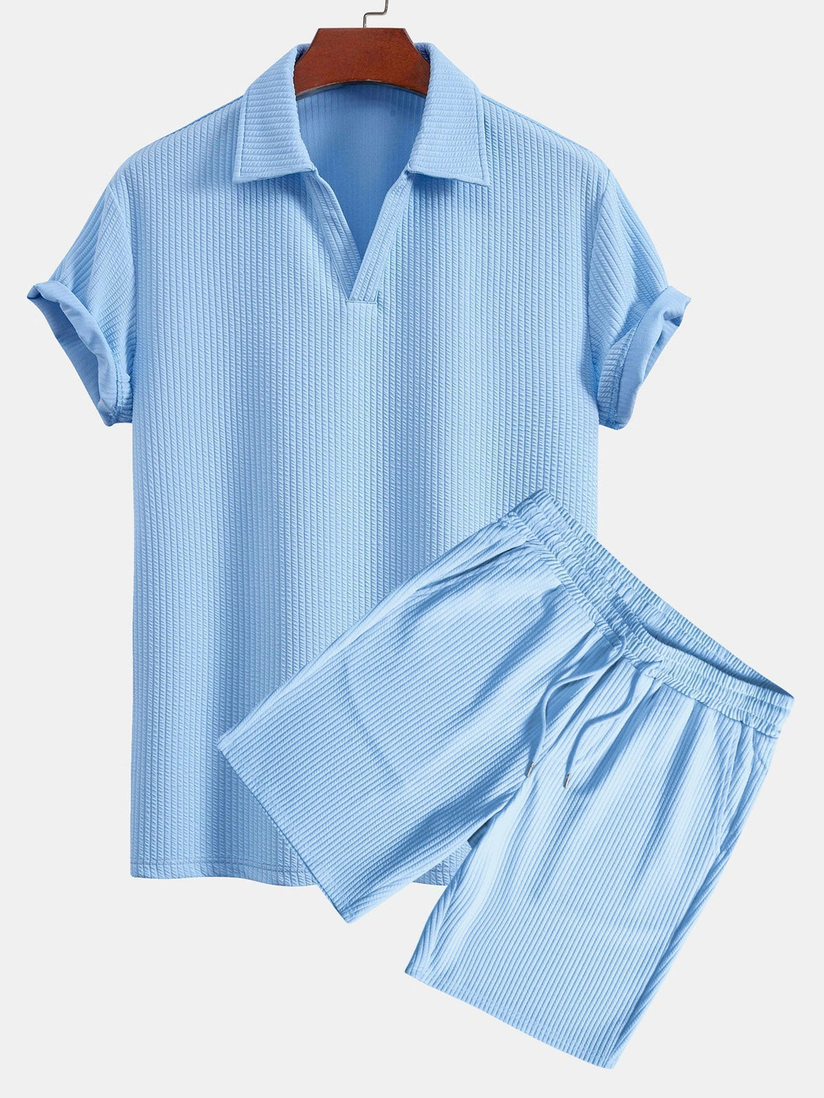 Men's Textured V-Neck Polo & Shorts Set, alternate angle 1