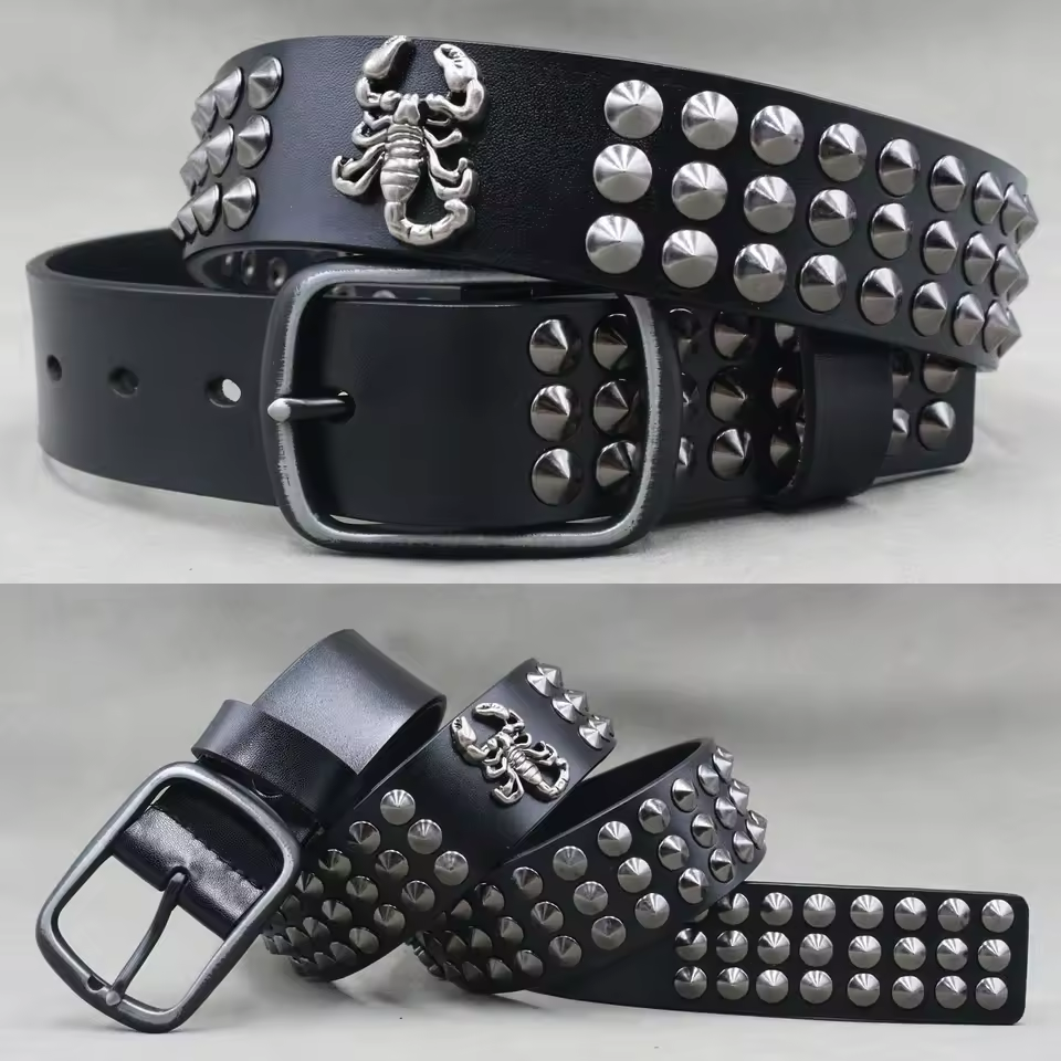 Men's Skull & Stud Genuine Leather Rivet Belt, alternate angle 6