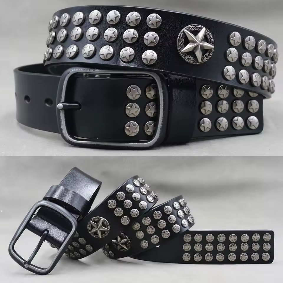 Men's Skull & Stud Genuine Leather Rivet Belt, alternate angle 2