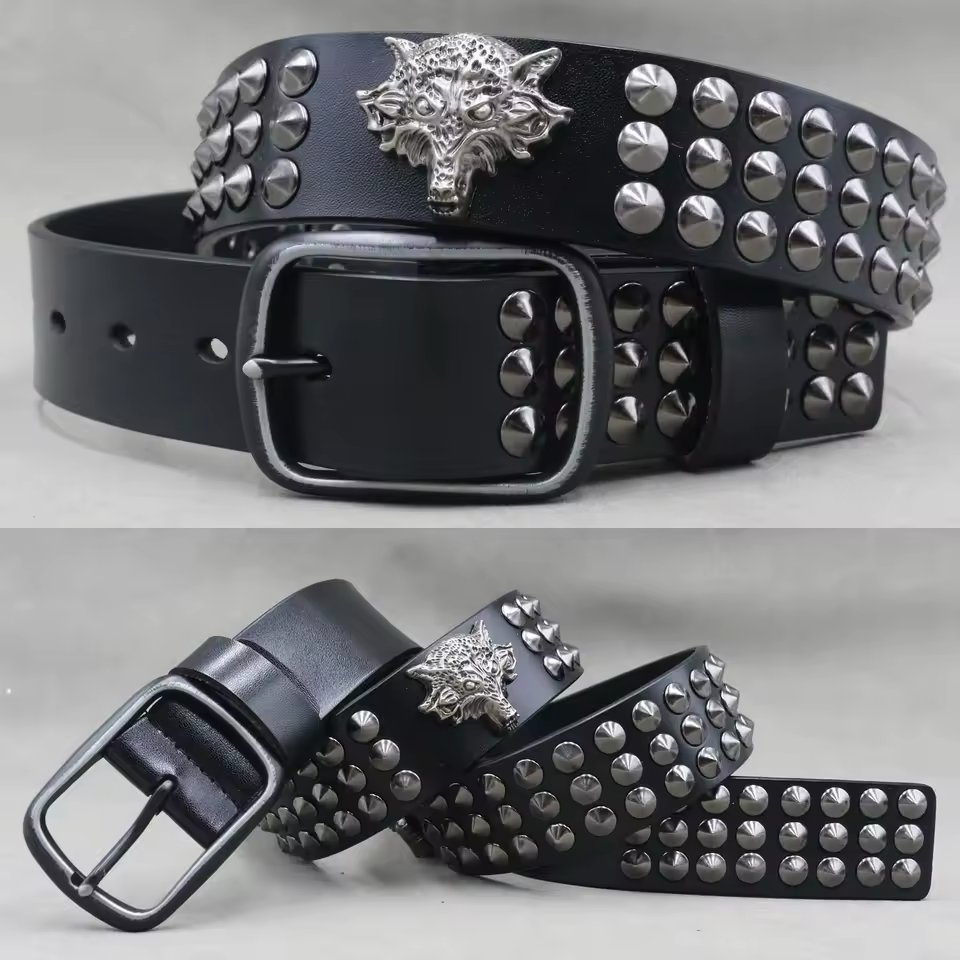Men's Skull & Stud Genuine Leather Rivet Belt, alternate angle 3