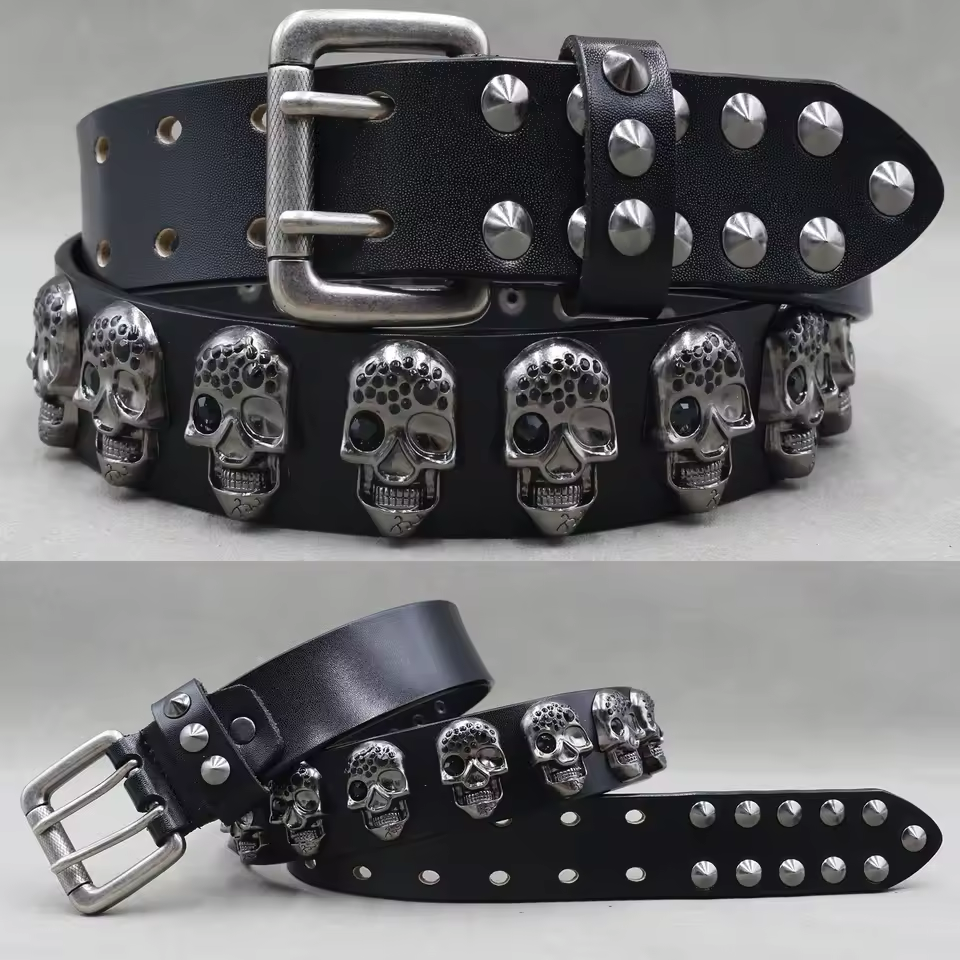 Men's Skull & Stud Genuine Leather Rivet Belt, alternate angle 1