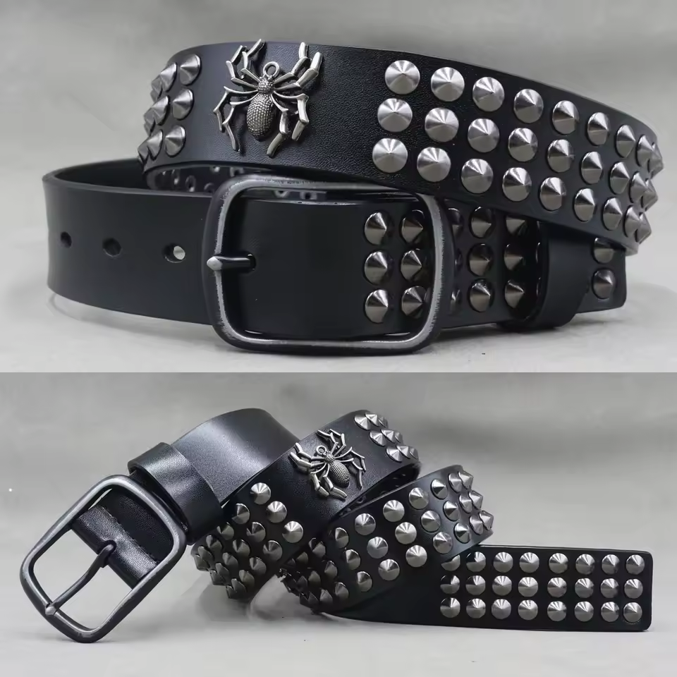Men's Skull & Stud Genuine Leather Rivet Belt, alternate angle 7