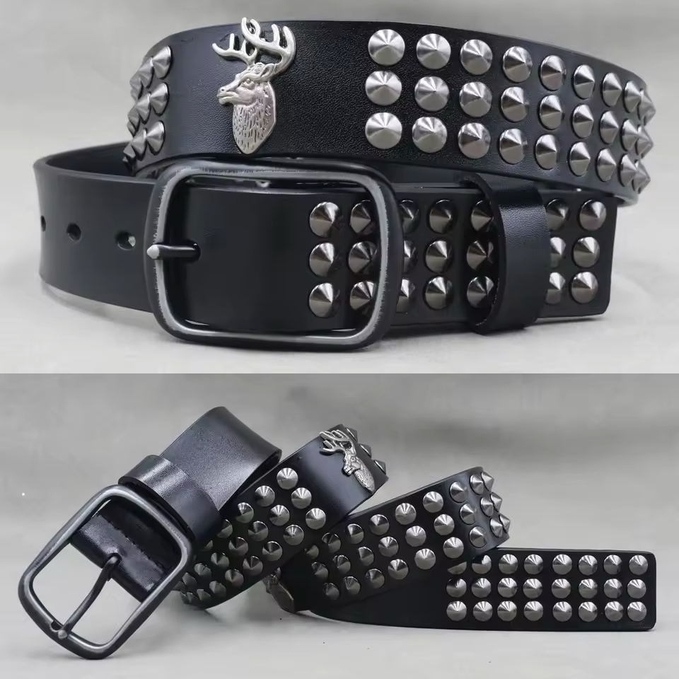 Men's Skull & Stud Genuine Leather Rivet Belt, alternate angle 8